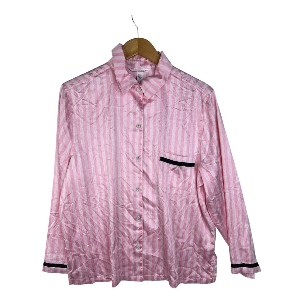 Victorias Secret PJ Shirt Pink Striped Satin Collared Button Front Long Sleeve L
